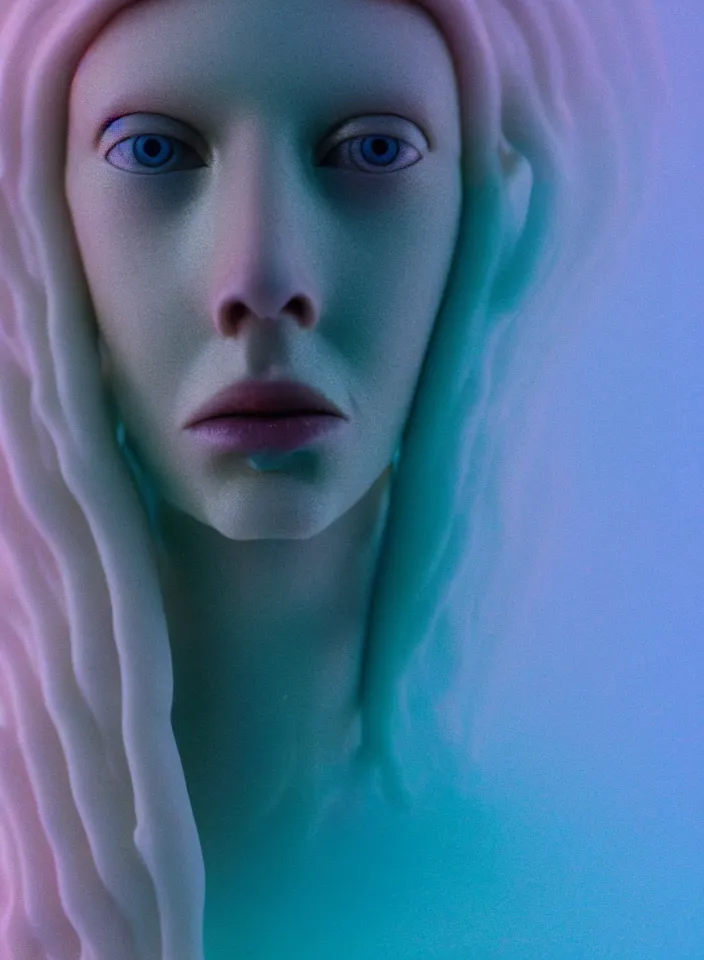 Prompt: high quality pastel coloured film close up photograph of a cyborg model in an icelandic black rock!! environment in a dreamstate environment. three point light. photographic production. art directed. pastel colours. volumetric light. pastel gradient overlay. waves glitch artefacts. extreme facial expression. 8 k. filmic.