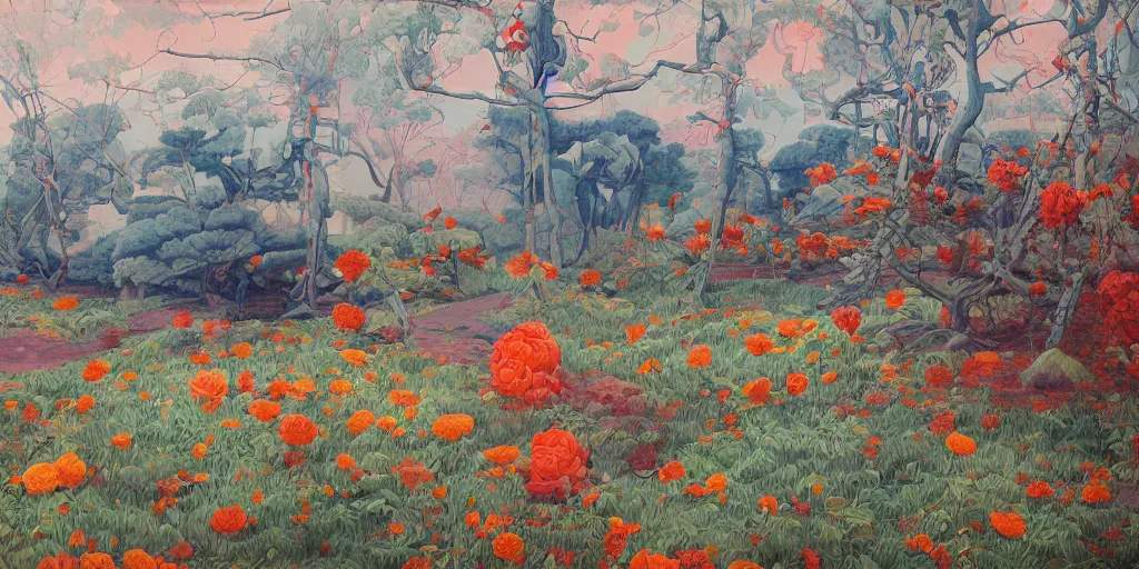 Image similar to landscape painting at noon by james jean and David Schnell painted with big brushstrokes, rendering, redshift, no mans land style