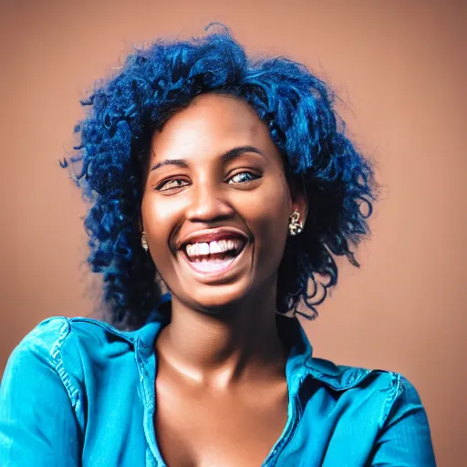 Prompt: a very detailed photo of a single black woman with blue hair and green eyes smiling, portrait, realistic, photograph