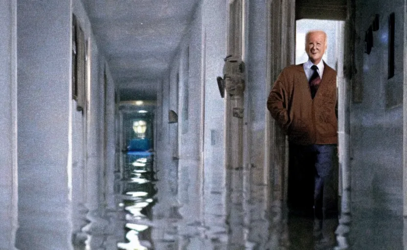 Image similar to joe biden from cars in a flooded fractal hallway, romance novel cover, in 1 9 9 5, y 2 k cybercore, low - light photography, still from a ridley scott pixar movie