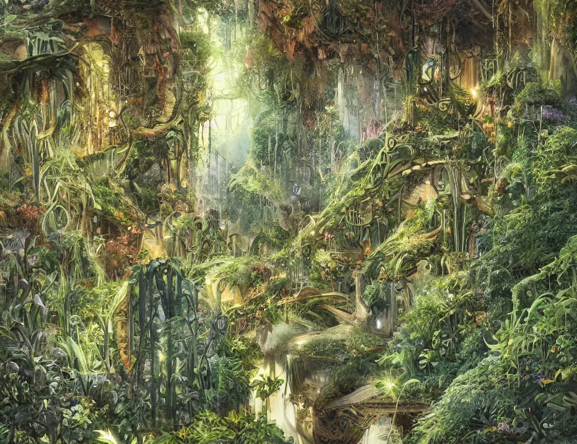 Image similar to the clockwork princess overgrown by plants. this oil painting by the award - winning mangaka has interesting color contrasts, plenty of details and impeccable lighting.