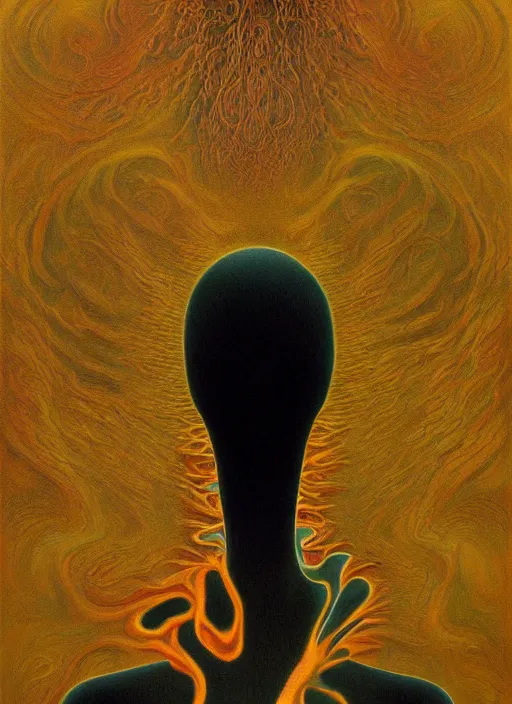 Image similar to dramatic portrait painting of woman with black mandelbrot fractal instead of face, in style of zdzisław beksinski,