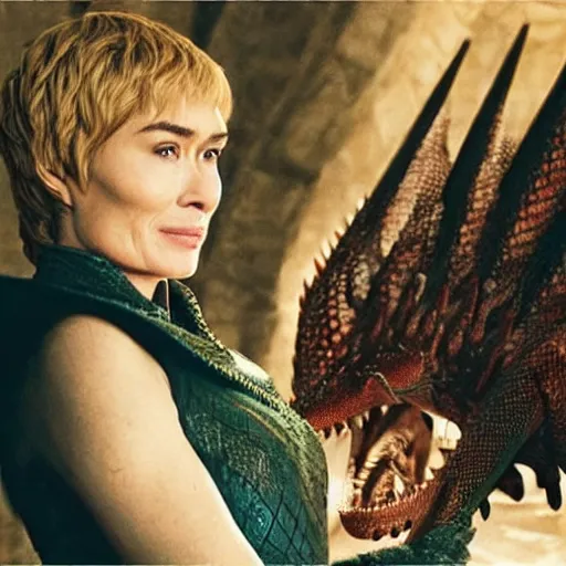 Image similar to “Cersei Lannister, petting her dragon”