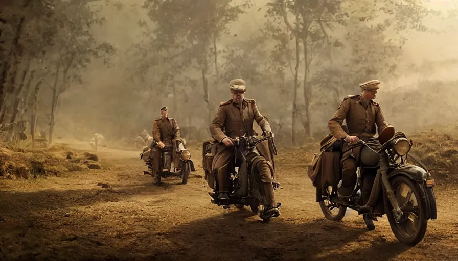 Image similar to british officer driving a motorcycle in 1921 in kerala forest road, tribe members attacking, action scene, an epic fantasy, dramatic lighting, cinematic, establishing shot, extremely high detail, photorealistic, cinematic lighting, artstation, by christopher nolan, horizon forbidden west