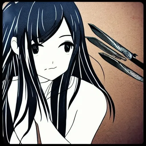 Image similar to “Detailed manga art of a beautiful Japanese girl holding a knife; loving expression; school uniform; high contrast; clean, sharp”