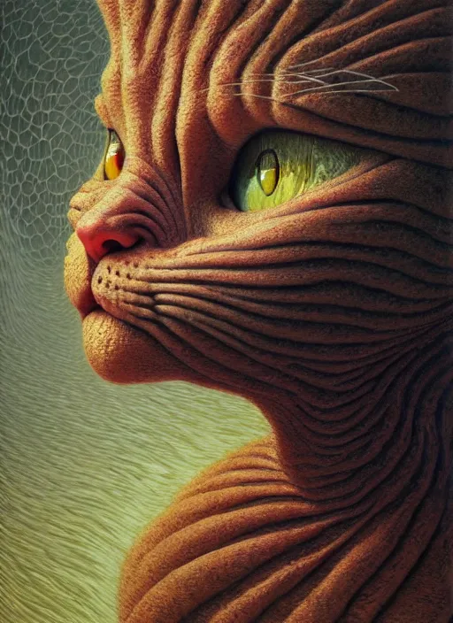 Image similar to hyper detailed 3d render like an Oil painting - A cat human chimera by Jacek Yerka, Mariusz Lewandowski, Houdini algorithmic generative render, Abstract brush strokes, Masterpiece, Edward Hopper and James Gilleard, Zdzislaw Beksinski, Mark Ryden, Wolfgang Lettl, hints of Yayoi Kasuma, octane render, 8k