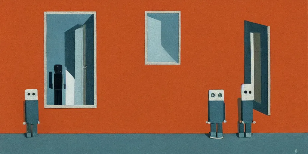 Image similar to a robot and a human standing next to each other staring out a window in the future, perfect symmetry, warm colors, in the style of gertrude abercrombie, whimsical, surreal, super focus, emotional colors, h 1 0 2 4