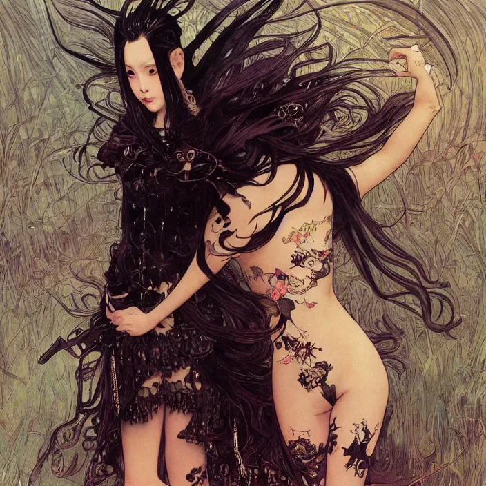 Prompt: cruel korean goth girl, full body, spikes, latex, rubber, rococo, anime aesthetic, chibi, hyperrealistic, detailed, smooth, very smooth, brushwork, digital painting, sharp focus, concept art, fantasy, by junji ito, by alphonse mucha, by bruce pennington, by annie leibovitz