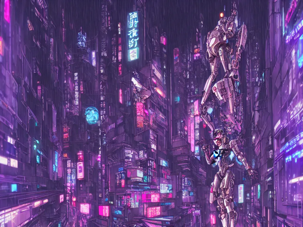 Prompt: high detailed mecha geisha in a cyberpunk rainy city at night by Josan Gonzalez, purple and blue neons, unreal engine, high quality, 4K, UHD, trending on ArtStation, wires, blade runner vibes, ghost in the shell, akira, dorohedoro