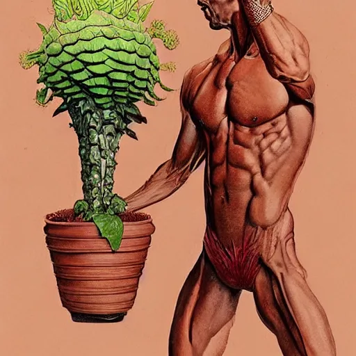 Image similar to Ripped Physique Portrait of a Venus Flytrap Guy wearing a Venus Flytrap costume plant disguised as a human standing atop a red clay pot greg rutkowski jen bartel peter mohrbacher anna podedworna arthur rackham salvador dali octavio ocampo jacek yerka winslow homer norman rockwell inio asano prismacolor tombow quill