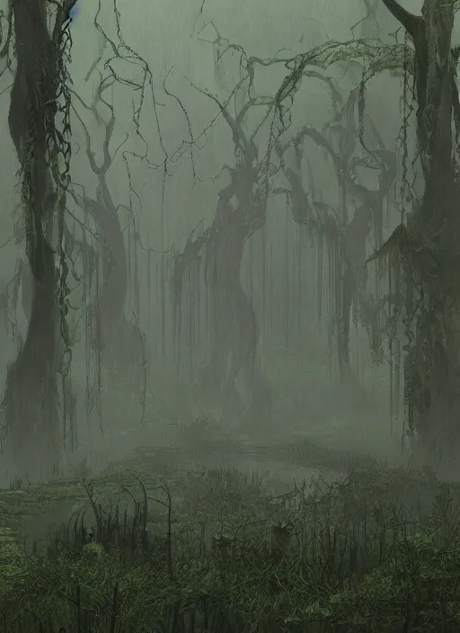 Prompt: a swamp with vines, hidden overgrown ruins, foggy, atmospheric, misty, moebius, detailed, digital art, trending on artstation