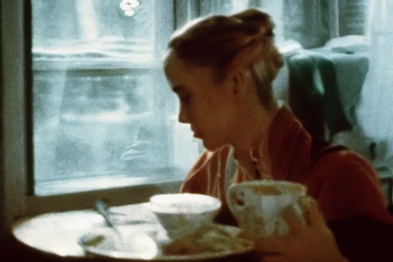 Image similar to soviet movie still a soviet woman sitting at a table next to the window with food, dark warm light, a character portrait by margarita terekhova, movie stalker solaris film still by andrei tarkovsky, 8 k, 1 9 8 4, close - up bokeh, gelios lens, color, noir