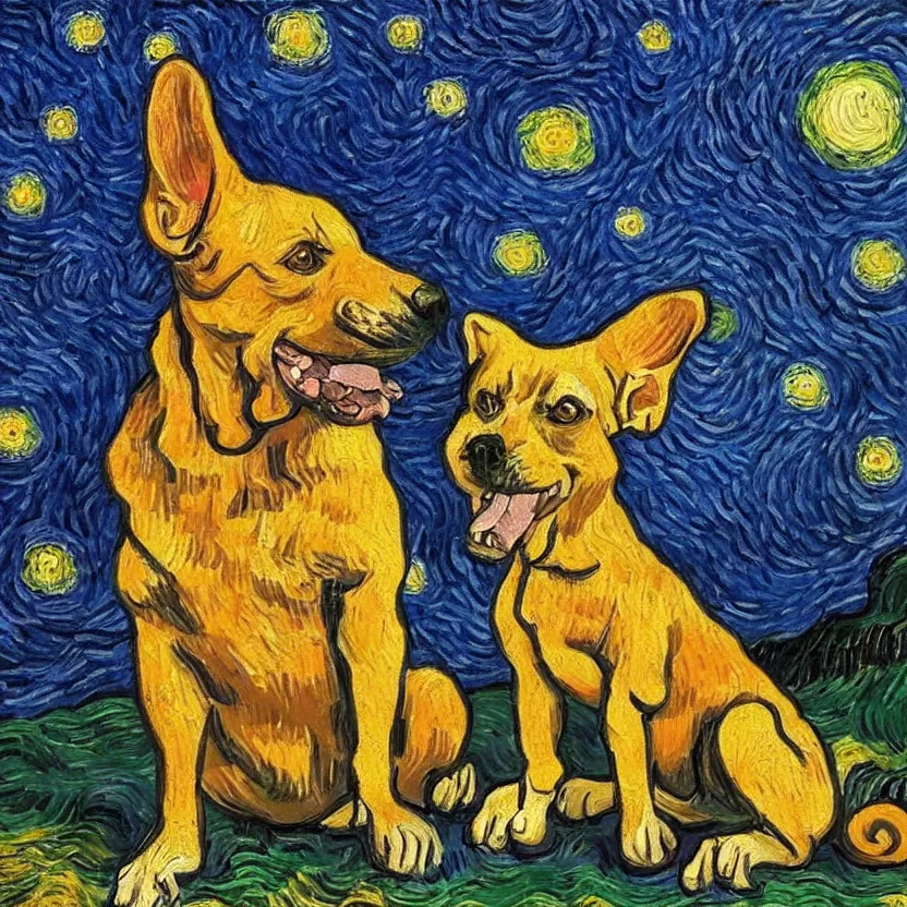 Prompt: An oil painting of a dog in the style of Starry Night; oil painting by Vincent van Gogh