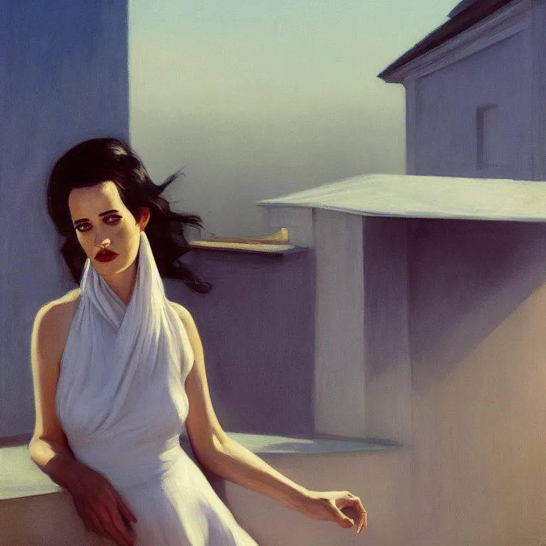 Image similar to portrait of Eva Green on a roof, fog, early morning, , painted by Edward Hopper, painted by Wayne Barlow, airbrush