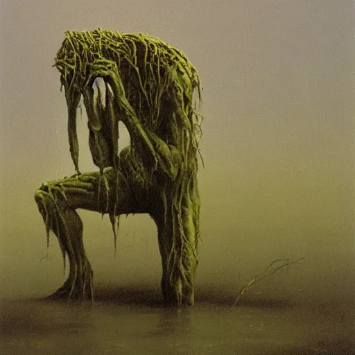 Image similar to swamp goblin by Zdzisław Beksiński, oil on canvas