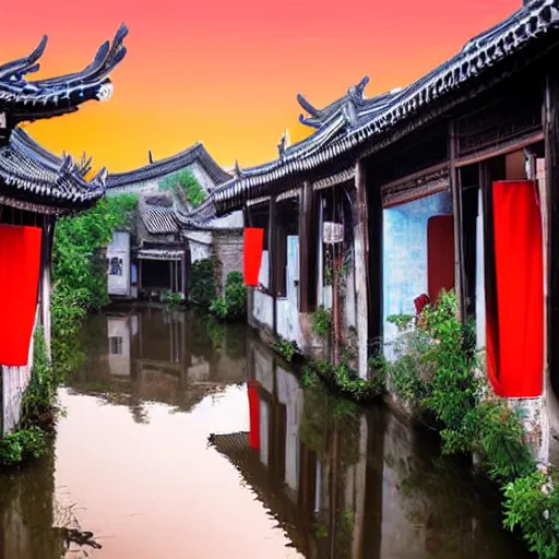 Image similar to peaceful ancient water town in the south of china, zhouzhuang ancient town, sunset glow, movie style, warm color to move