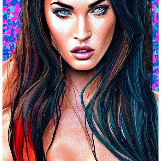 Image similar to megan fox portrait by arunas kacinskas, digital illustration, colorful sketch, pencils, patterns in the background