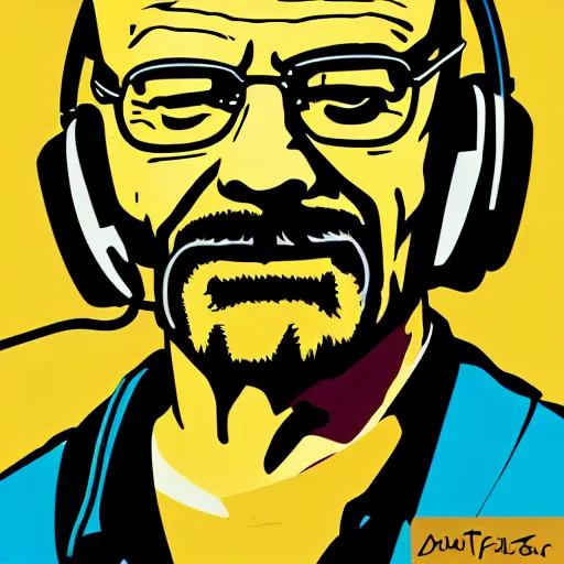 Image similar to a breaking-bad-walter-white, svg sticker, vector art, wearing headphones, jamming to music