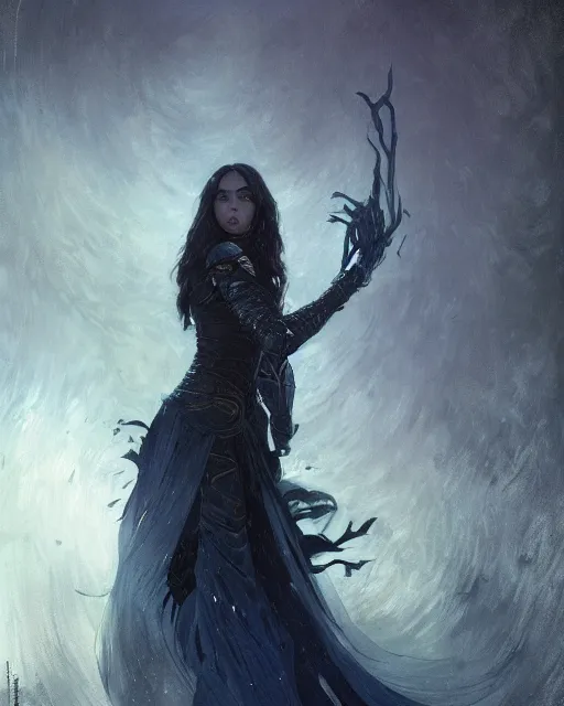 Image similar to a beautiful woman dark hair in an armor with dark eyes, elegant, dark blue, ethereal horror fantasy art by greg rutkowski and magali villeneuve and claude monet detailed