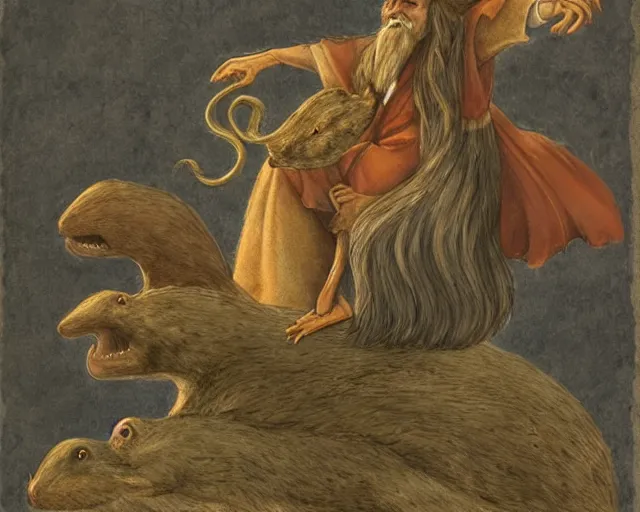 Prompt: a long-bearded wizard riding on the back of a giant shrew