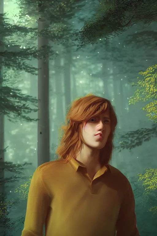 Image similar to pretty young man with long golden hair, trees, detailed forest background, webtoon, breathtaking scenery, colourful, 8 k, graphic novel, digital art trending on artstation, volumetric lighting, octane render, cinematic, hyper detailed, magical atmosphere