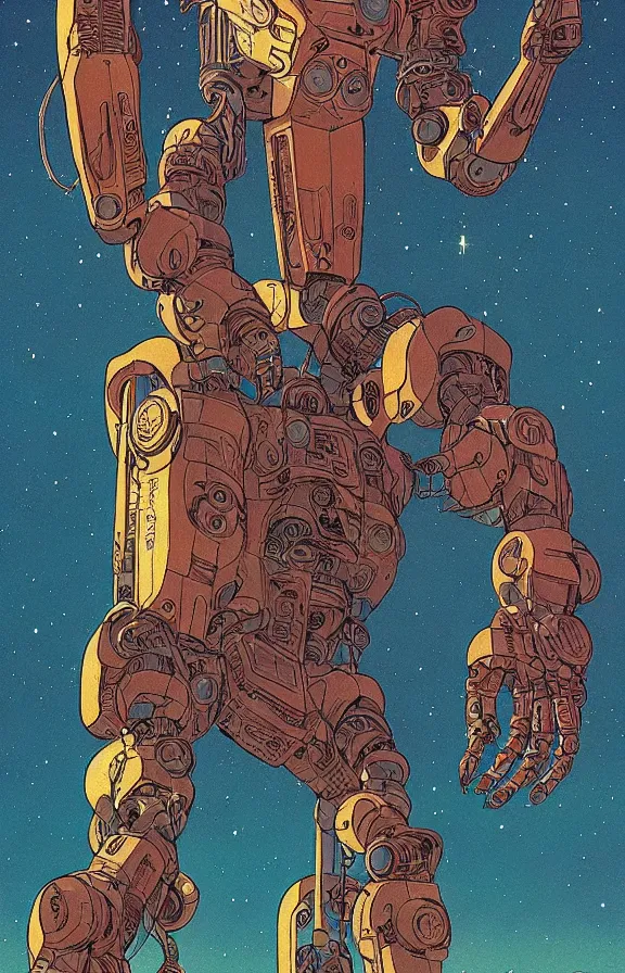 Prompt: Artwork by moebius and oscar chichoni, A depressive colossal robotic alien ascending into the infinite universe