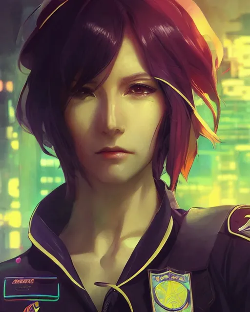 Prompt: anime key visual of elizabeth olzen as a police officer, neon, cyberpunk, futuristic, stunning, highly detailed, digital painting, artstation, smooth, soft focus, illustration, art by artgerm and greg rutkowski and alphonse mucha