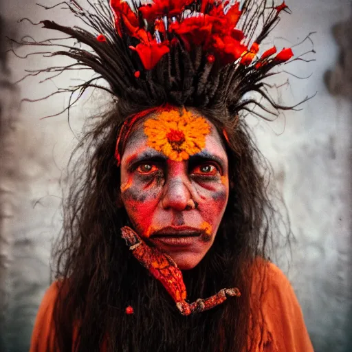 Image similar to 3 5 mm coloured film portrait of strange female aghori sadhu covered in ash creature, hyperrealism, celestial marigold red flowers vibe, photorealistic, detailed, atmospheric, 8 k, award winning photography, cinematic