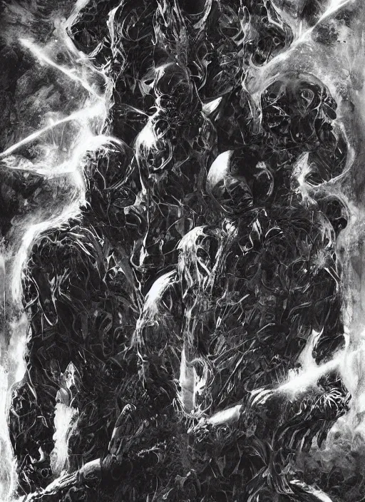 Image similar to astronauts in dark void underwater - complex and hyperdetailed technical suit. reflection and dispersion materials. rays and dispersion of light. volumetric light. f / 3 2. noise film photo. flash photography. ultra realistic, wide angle. poster by wayne barlowe, hajime sorayama aaron horkey, craig mullins