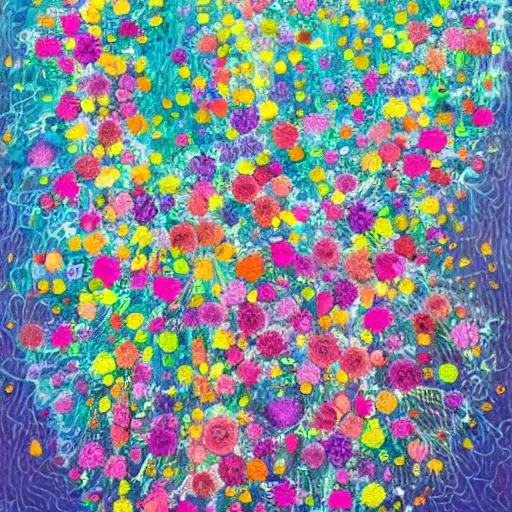 Prompt: Mixed media art. This illustration is a large canvas, covered in a wash of color. In the center is a cluster of flowers, their petals curling and twisting in on themselves. The effect is ethereal and dreamlike, and the overall effect is one of serenity and peace. by Toyo Ito robust