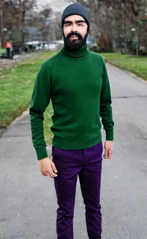 Prompt: a young man with a chin - style dark brown beard without mustache in a dark black cap, green turtleneck, purple pants and white sneakers in full height, perfect face