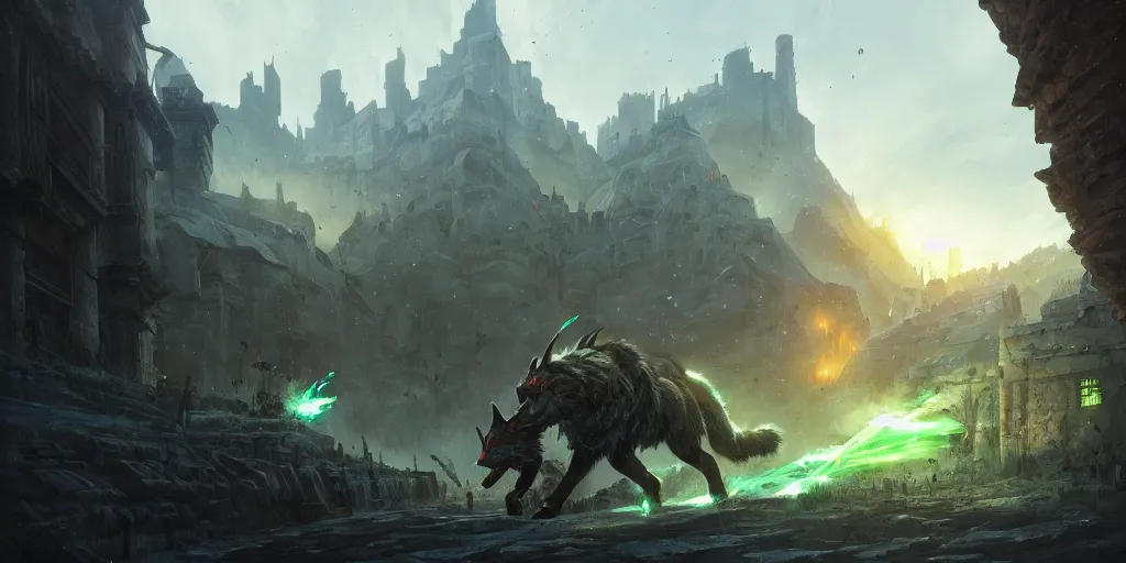 Image similar to An epic battle inside a walled city. Giant wolf is attacked by green lasers, magic barrage, raining, epic. In style of Greg Rutkowski, Jesper Ejsing, Makoto Shinkai, trending on ArtStation, fantasy, great composition, concept art, highly detailed, scenery, 8K, Behance.