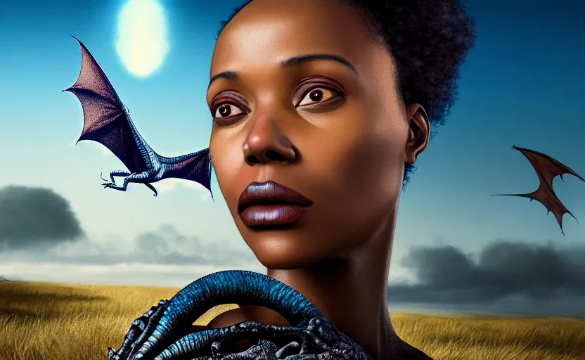 Image similar to realistic detailed photorealistic film portrait shot of a beautiful black woman with, sci-fi landscape with a drogon on background by Denis Villeneuve, Amano, Yves Tanguy, Alphonse Mucha, Ernst Haeckel, Andrei Tarkovsky, Edward Robert Hughes, Roger Dean, rich moody colours, wide angle, blue eyes