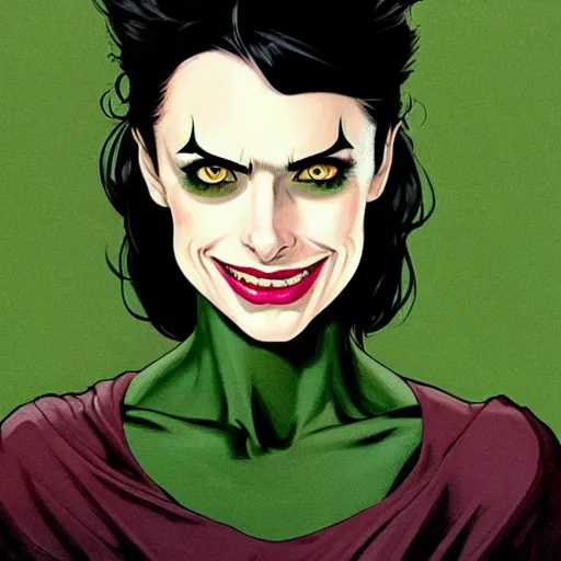 Image similar to Female witch Krysten Ritter, style of Joshua Middleton comic book art Nick Dragotta comic art, black and green eyes, symmetrical face, symmetrical eyes, scary smile, full body, dark green dress