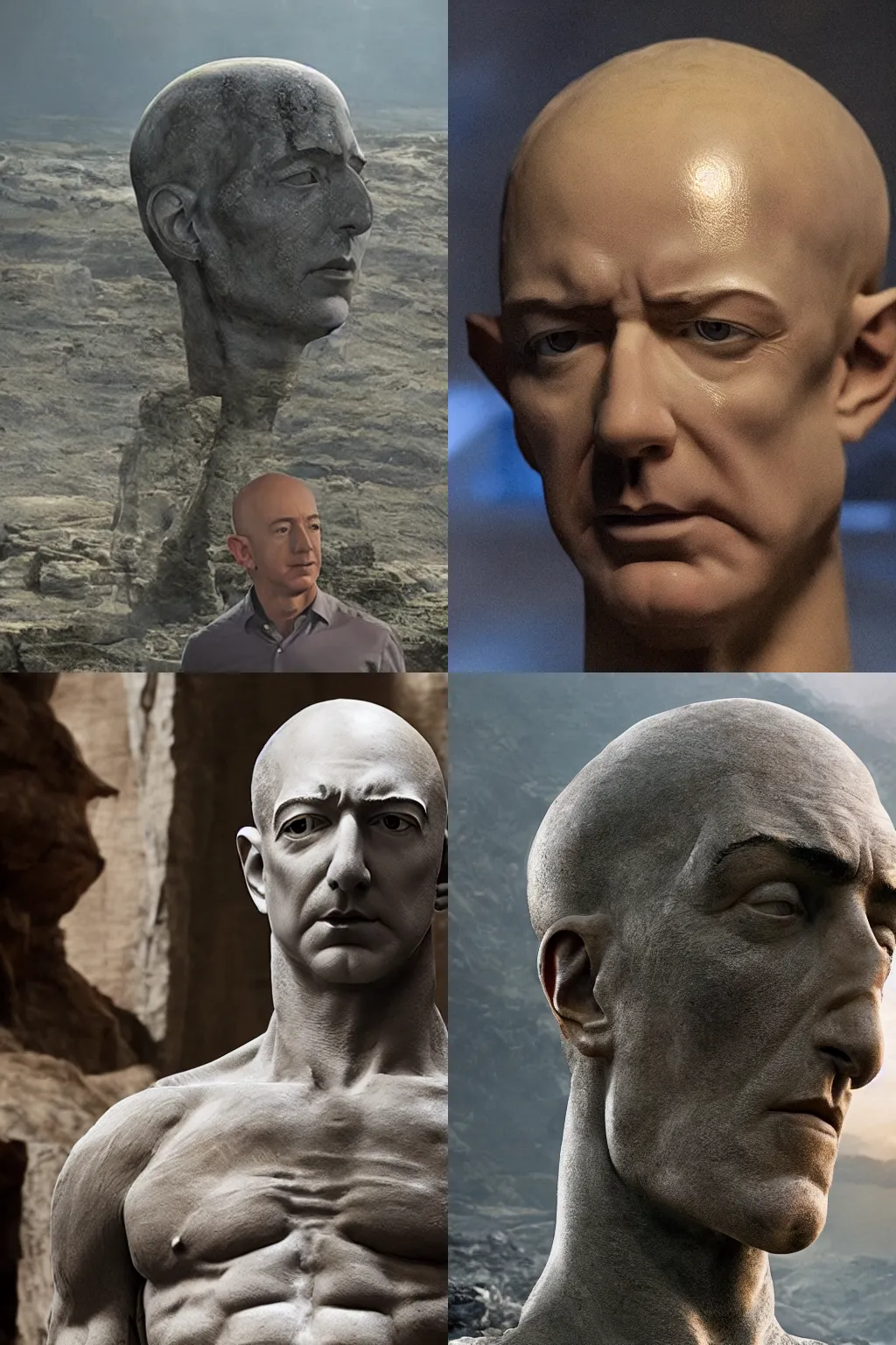 Prompt: still from movie Prometheus of giant Jeff Bezos stone head