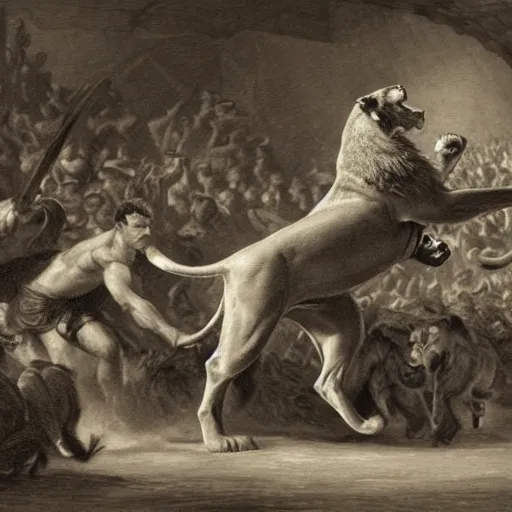 Image similar to hero fighting against a lion in the middle of an arena, crowd of people, pencil art, added detail, high definiton