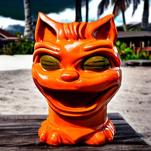 Image similar to a closeup photorealistic photograph of a glossy orange cat garfield style tiki mug sitting at a trader vic's beach bar featuring garfield's face. tiki theme. bright scene. fine detail. this 4 k hd image is trending on artstation, featured on behance, well - rendered, extra crisp, features intricate detail, epic composition and the style of unreal engine.