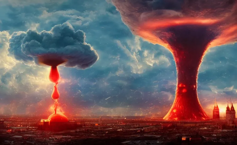 Image similar to ultra realistic picture of a big nuclear explosion with realistic nuclear mushroom in Red Square Kremlin, volumetric lighting, clouds and lightnings, cinematic, extremely high detail, photo realistic, cinematic lighting, post processed, artstation, matte painting, unreal engine 5, 8k