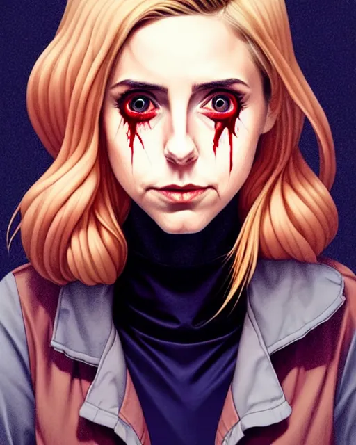 Image similar to loish, artgerm, Joshua Middleton art, Rafeal Albuquerque, pretty Alison Brie serial killer holding bloody knife in right hand realistic hand, blood on clothes and face, sarcastic smile, symmetrical eyes, symmetrical face, jean jacket, jeans, short blonde hair, middle shot, night time, deep blacks