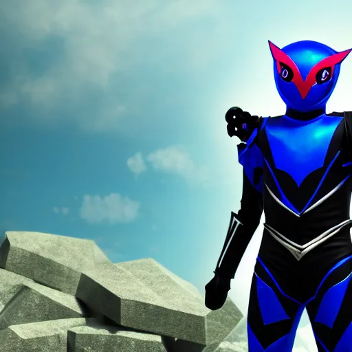 Image similar to High Fantasy Kamen Rider standing in a rock quarry, single character full body, 4k, glowing eyes, daytime, rubber suit, dark blue armor, segmented armor, centered