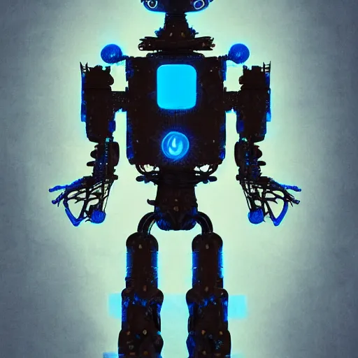 Image similar to Robot Machine God, by Ben Nicholas, micro-details, blue tinted lighting, cybernetic, complicated, mechanical, rusted, blue torn fabric, blue cloak, glowing mechanical eyes, sombre, highly detailed, character portrait, digital concept art