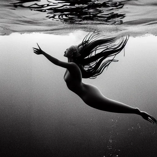 Image similar to black and white photograph of a beautiful mermaid swimming underwater, hyperdetailed, 4 k,