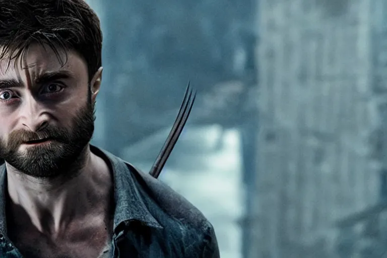 Image similar to Daniel Radcliffe as Wolverine in 'Logan 2' (2023), movie still frame, promotional image, imax 70 mm footage, oscar nominated cinematography, volumetric lighting, 8k resolution