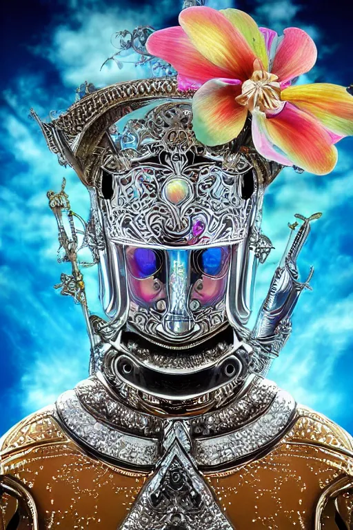 Prompt: pearlescent retrofuturistic digital airbrush illustration of a knight wearing an ornate chrome headpiece and holding a flower with a landscape and sky in the background by luigi patrignani