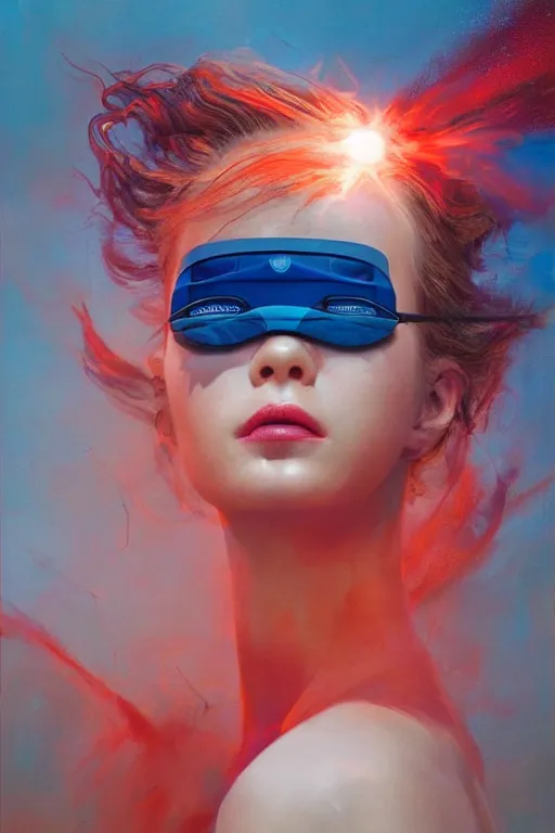 Image similar to 3 d, sci - fi, morning, happy fashion model face, sun, lightning clouds, vogue cover style, light red and deep blue mood, cinematic, realistic painting, intricate oil painting, high detail, figurative art, multiple exposure, poster art, 3 d, by stanley kubrick and tooth wu and wlop and beeple and greg rutkowski