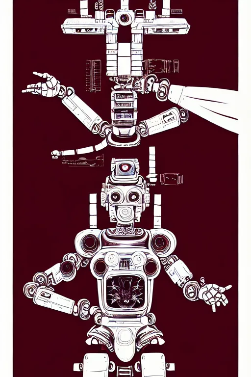 Image similar to blank ink and pen illustration of a cyborg robot 1000 arm Avalokiteshvara , golden ratio, character concept art by character concept art by Shepard Fairey, james jean, Mike Mignola, Laurie Greasley, highly detailed, sharp focus, sharp linework, clean strokes, motherboard, Artstation, deviantart, artgem