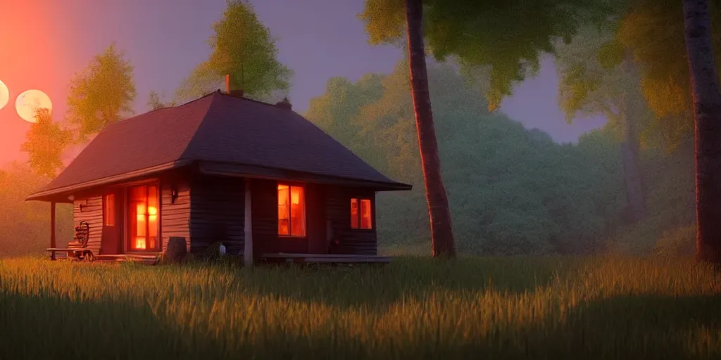 Prompt: a cozy little house in the woods, relaxing, 3 d concept art by scott zenteno, chill, relaxing, peaceful, sunset, extremely detailed art, unreal engine 5, hyper realism