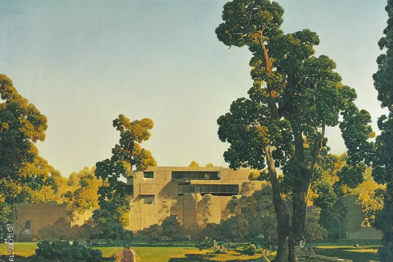 Prompt: painting of a concrete brutalist building, trees, nature, clouds, sunset, chill, romantic, by ludwig deutsch and maxfield parrish, patterned tilework, extremely detailed, cinematic lighting, smooth sharp focus