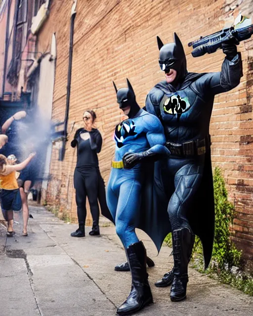 Image similar to happy batman firing super soaker water gun in an alleyway, everyone having fun, product advertisement, photography