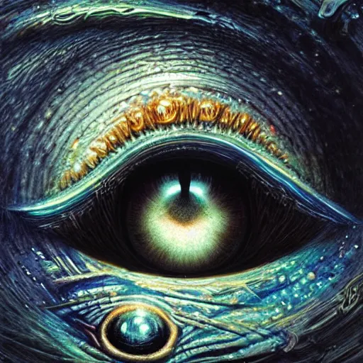 Image similar to low angle shot of a eye with the galaxy in the iris by clive barker, intricate, elegant, highly detailed, centered, digital painting, artstation, concept art, smooth, sharp focus, illustration, artgerm, Tomasz Alen Kopera, Peter Mohrbacher donato giancola, Joseph Christian Leyendecker, WLOP, Boris Vallejo.